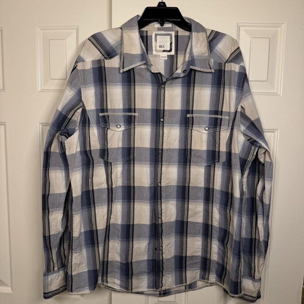 BKE Buckle Shirt Mens 2XL Blue Cream Plaid Button Up Long Sleeve Slim Fit